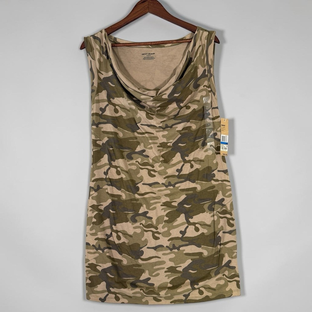NWT DKNY Womens Camouflage Print Cowl Neck Sleeveless Midi Dress Camo Size XL